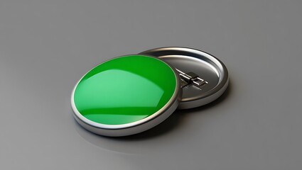 Green round button badge mockup on gray background