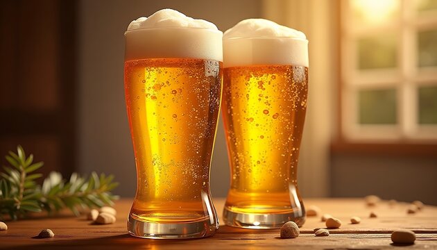 Two Beers with Foam in Tall Glasses