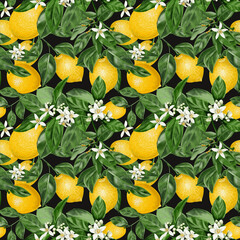  Seamless pattern with lemons. Citrus flowers on a branch with leaves and fruits. Vintage summer pattern for fabric. Small white flowers. Watercolor illustration on a dark background. Hand drawn.