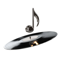 Shiny silver music note above a black vinyl record on a plain black background in a studio shot on transparent background