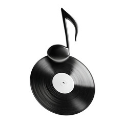 A monochrome image featuring a vinyl record with a music note on top against a black background on transparent background