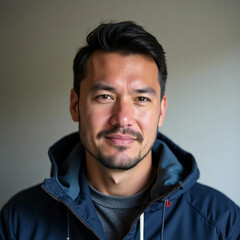 Fototapeta premium The image features an Alaska Native elder with deep-set eyes and a gentle smile, exuding warmth and wisdom. His traditional attire hints at a rich cultural heritage Generative AI