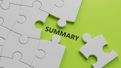 SUMMARY word written on wood The white puzzle pieces with missing pieces.3D rendering on green background.