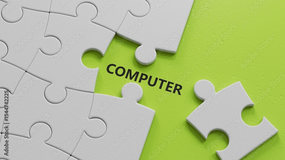 Poster computer.the white puzzle pieces with missing pieces spelling.flat lay view from above on the white 