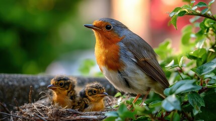 A European robin perches near its two fluffy chicks in a nest surrounded by green foliage in a vibrant natural setting.