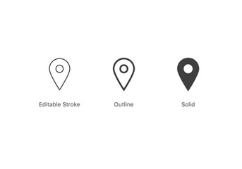 Set of Location Map Pin Icons in Minimalist Line and Solid Style. Editable Vector Graphics for UI/UX Design.
