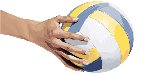 Hand holding volleyball ready to serve in indoor game Closeup of athlete preparing for match with blue, yellow, and white ball Concept of sport, competition, and recreation