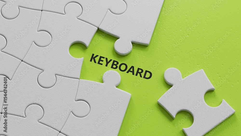 Poster keyboard.the white puzzle pieces with missing pieces spelling.flat lay view from above on green back