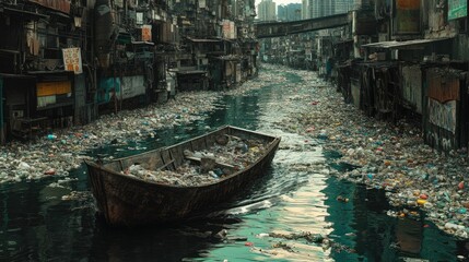 Fototapeta premium Pollution in Urban Waterway Surrounded by Abandoned Structures and Trash Accumulation with Derelict Boat Floating in a Cityscape of Negligence
