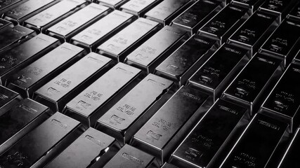 Multiple pure silver bars aligned in rows. Perfect visual for finance, investment, savings, banking, wealth or cryptocurrency themes. Ideal for editorial and commercial use. Looped video