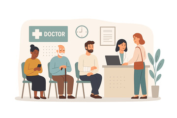 People wait in the hospital reception area, including patients in a doctor's waiting room and hospitalized individuals, representing a healthcare vector concept