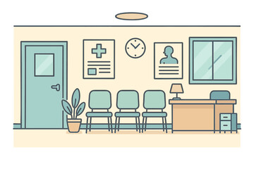 Vector illustration of a cartoon hospital room, including medical interiors, doctor's office, and surgery clinic or an empty hospitals waiting room