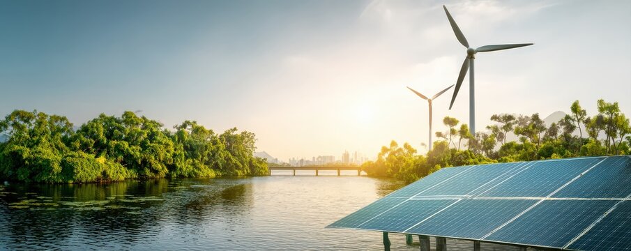 Solar panels and wind turbines harness renewable energy near a lush river with a distant city skyline under a clear sky.