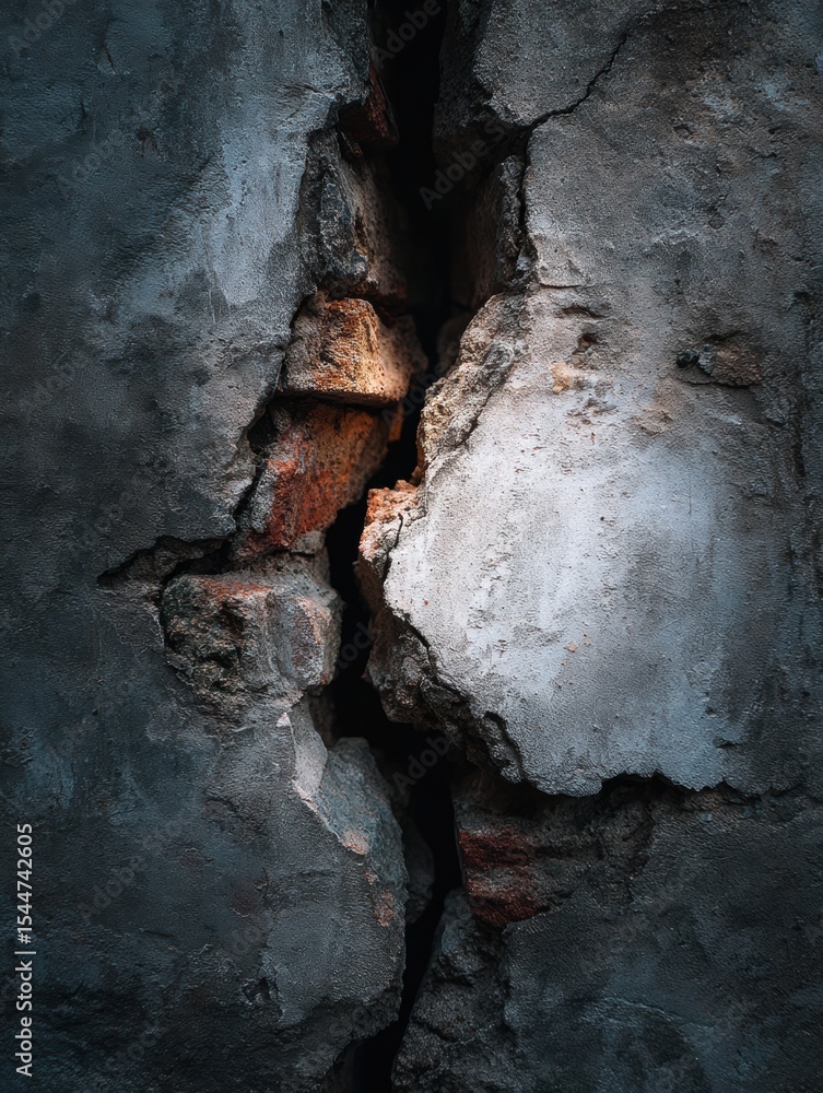 Poster crack in the wall revealing a dark void behind the crumbling surface in an abandoned location