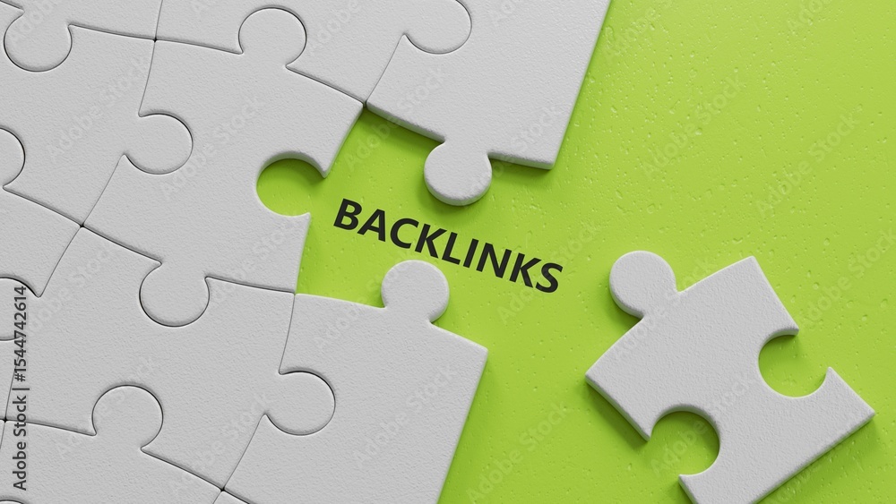 Poster backlinks - conceptual text with the white puzzle pieces with missing pieces.3d rendering on green b