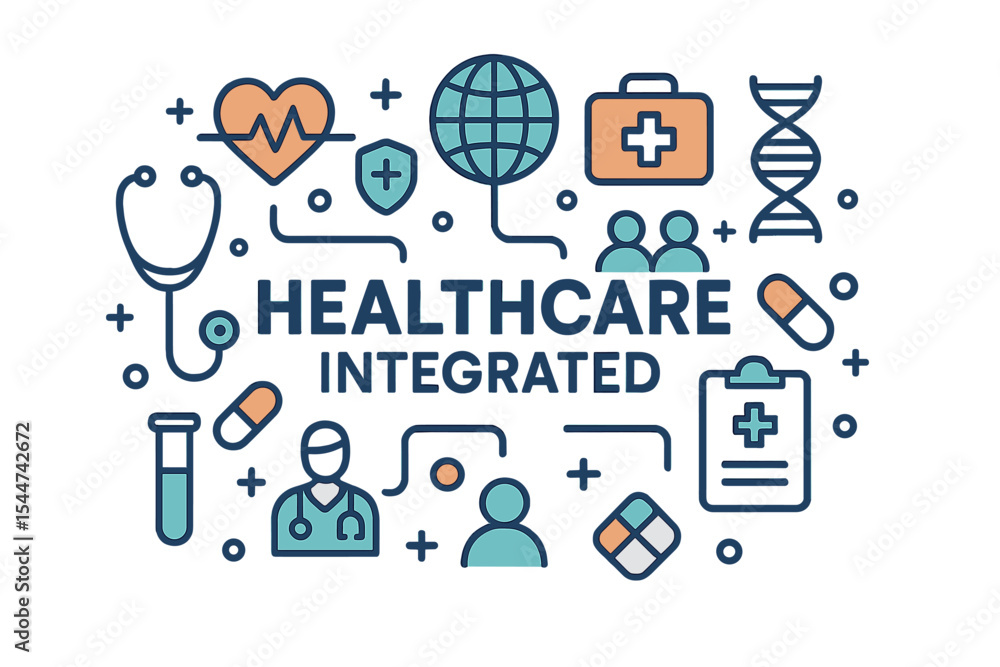 Poster thin line symbols for healthcare are integrated in a modern linear style vector concept, featuring c