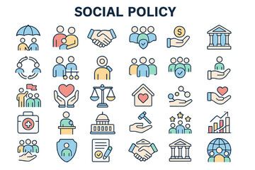 Fototapeta premium This collection includes 36 Social Policy line icons, featuring outline icons with editable strokes, covering topics such as Family, Human Resources, Welfare, Government, Justice, and more