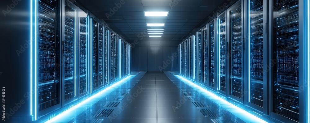 Aufkleber a futuristic data center corridor with glowing blue lights and rows of high-tech server racks on bot