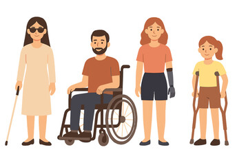 The image depicts various disabled characters, including a blind woman with a cane, a man in a wheelchair, a woman with a robotic hand prosthesis, and a girl on crutches