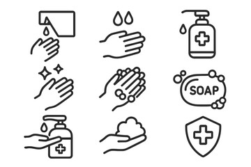 Fototapeta premium This vector line icon set is focused on hand washing and includes symbols like washing instructions, antiseptic, and soap, all of which can be edited and customized, with a pixel-perfect resolution