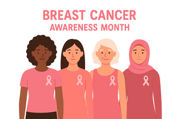 breast cancer awareness month for disease prevention campaign and diverse ethnic women group together with pink support ribbon symbol on chest concept, vector flat illustration’ becomes ‘month of