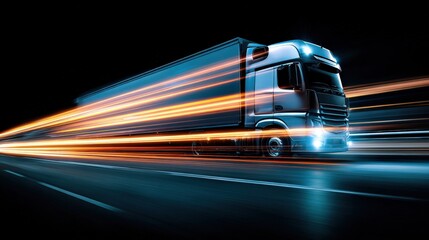 A futuristic truck speeding on a dark highway with vibrant light trails symbolizing high-speed transport and advanced technology.