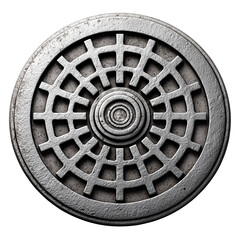 Metal manhole cover with grid pattern, isolated on transparent background