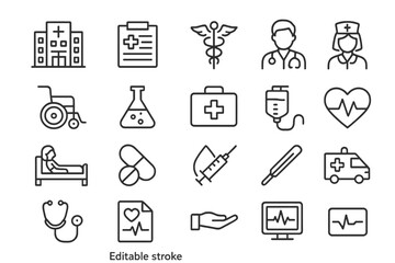 Naklejka na ściany i meble A set of editable stroke outline icons for hospital and medical health care is presented in a flat vector illustration isolated on a white background, with pixel perfection at 64 x 64 resolution