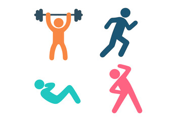 Symbols representing fitness and exercise are depicted in a stylized manner, showcasing people engaged in various physical activities through vector icons
