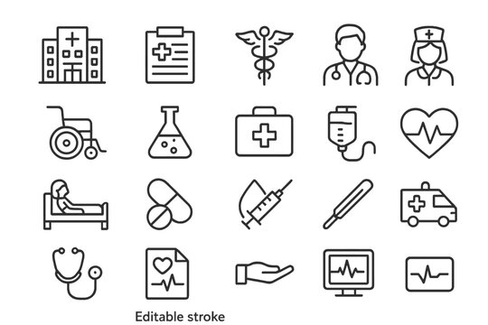 A set of editable stroke outline icons for hospital and medical health care is presented in a flat vector illustration isolated on a white background, with pixel perfection at 64 x 64 resolution - Powered by Adobe