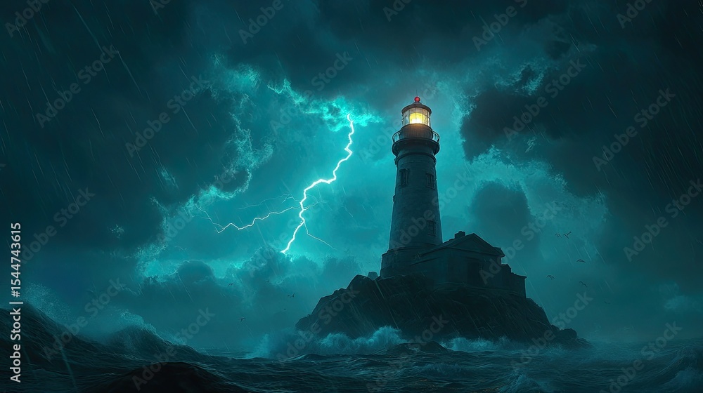Poster stormy night at lighthouse with flashing lightning and dark clouds over wild ocean waves capturing n