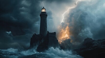 Dark Stormy Sea with Towering Lighthouse Surrounded by Lightning, Waves, and Dramatic Clouds at Dusk Capturing the Intensity of Nature's Fury