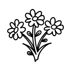 A simple line drawing of three flowers with stems and leaves. The flowers have five petals each and are arranged in a bouquet style.