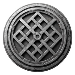 Round metal manhole cover with intricate design and texture, isolated on transparent background