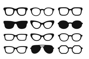 A collection of vector illustrations featuring various glasses frames, sunglasses silhouettes, and fashion eyeglasses icons in different shapes