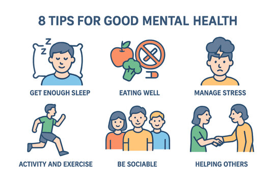 To achieve good mental health, consider eight key tips, including getting enough sleep and eating a healthy diet, as well as avoiding harmful substances like alcohol, smoking, and drugs, and