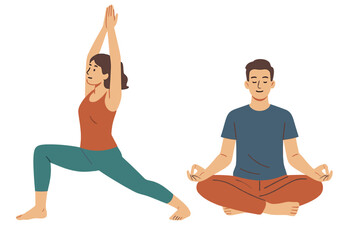 Fototapeta premium A flat vector illustration on a white background depicts young individuals in various yoga poses, including a male and female yogi practicing key exercises at home