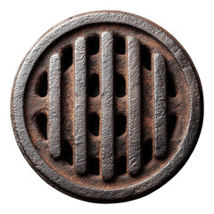 Round iron manhole cover with slotted design, isolated on transparent background
