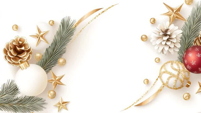 A festive holiday arrangement with pine branches, golden ornaments, pinecones, stars, and Christmas balls on a white background.