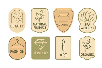 A collection of refined labels and badges suited for beauty, natural and organic products, cosmetics, spa and wellness, fashion, jewelry, and art is available, comprising vector illustrations for