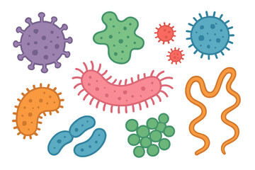 Types of microorganisms include viruses, germs, and bacteria, which are microscopic cells that can cause illness or disease