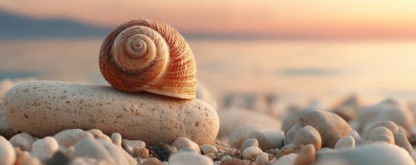 A close-up of a spiral snail shell resting on a smooth stone among pebbles at a beach during sunset.