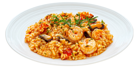 Delicious seafood risotto with shrimp and mussels on a white plate, garnished with fresh rosemary Concept of Italian cuisine, gourmet dining, and healthy eating