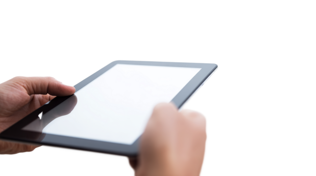 Technology at Hand: A person interacts with a sleek tablet computer, showcasing the ease and accessibility of modern technology, a clean design perfect for digital concepts.