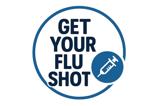 Get a badge signifying flu shot vaccination featuring a blue syringe stamp icon, presented as a vector illustration