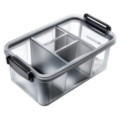 Transparent plastic tool organizer box with dividers for storage, isolated on transparent background