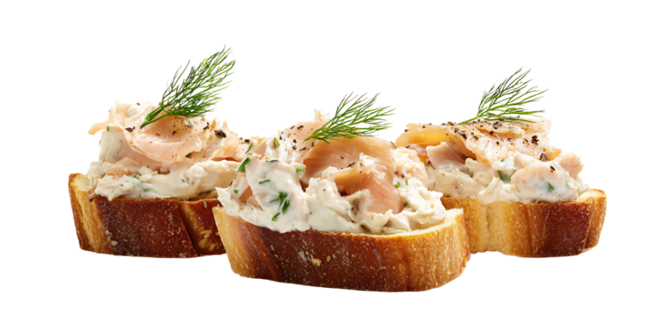 Delicious smoked salmon canapés with cream cheese and dill on toasted baguette slices, served as appetizer or snack for catering event Gourmet food concept
