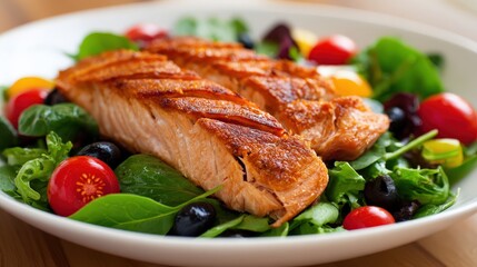 A perfectly seared salmon fillet rests on a bed of fresh mixed greens, cherry tomatoes, and olives, creating a vibrant and healthy meal.