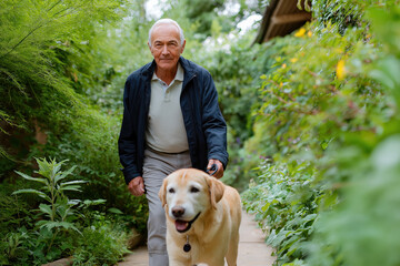 A man and his dog are walking down a path in a park. The man is wearing a blue jacket and gray pants. The dog is wearing a collar and he is happy. The scene is peaceful and relaxing, with the man