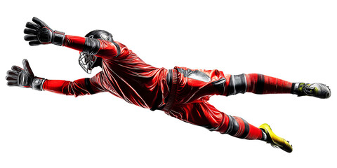 Professional soccer goalkeeper in red uniform diving to save the ball during a match Concept of sports, action, competition, and athleticism